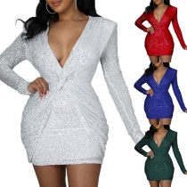 Sexy Deep V-neck Long Sleeve Irregular Hem Slim Fit Sequin Party Dress