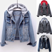 Casual Style enkelknäppt denimkappa med huva och långa ärmar
