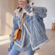 Mode Långärmad Slim Fit Plyschfoder jeansjacka med midjerem