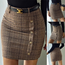 Retro Style High Waist Front-button Slim Fit Plaid Dress