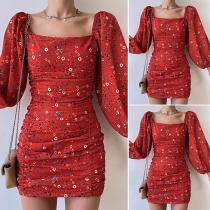 Sweet Style Square Collar Lantern Sleeve Slim Fit Printed Dress