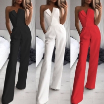 Sexig jumpsuit med axelbandslös V-ringning och hög midja i enfärgat mönster