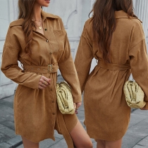 Fashion Solid Color Long Sleeve POLO Collar Single-breasted Dress with Waist Strap