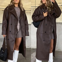 Retro Style Long Sleeve Notched Lapel Double-breasted PU Leather Windbreaker Coat