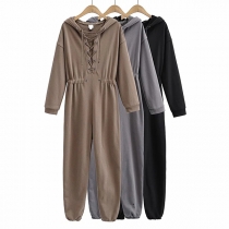 Casual Style Long Sleeve Lace-up V-neck Elastic High Waist Hooded Jumpsuit