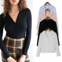 Fashion Solid Color Long Sleeve POLO Collar Knit Top