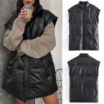 Fashion Solid Color Sleeveless Stand Collar PU Vest