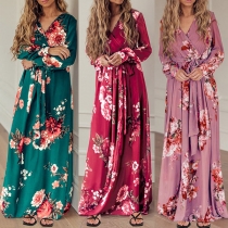 Sexy V-neck Long Sleeve Tie-belt High Waist Printed Maxi Dress
