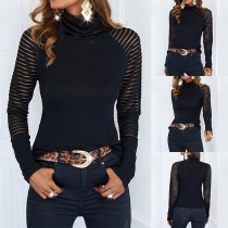 Sexy See-through Gauze Spliced Long Sleeve Mock Neck Bottoming T-shirt Top