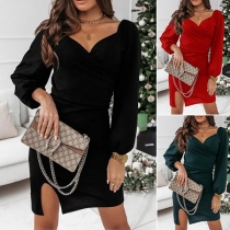 Sexy Backless V-neck Slit Hem Lantern Sleeve Solid Color Slim Fit Dress