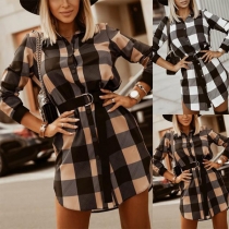 OL Style Long Sleeve POLO Collar Single-breasted Plaid Shirt Dress