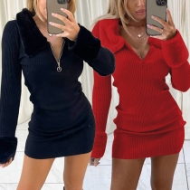Fashion Solid Color Plush Spliced Long Sleeve POLO Collar Slim Fit Knit Dress