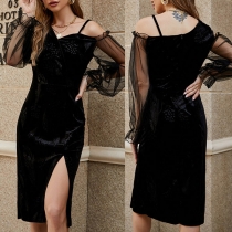 Sexy Off-shoulder Slit Hem See-through Gauze Spliced Lantern Sleeve Dress