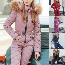 Modish jumpsuit med fuskpäls och hög midja, slim fit, enfärgad huva