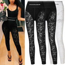 Sexiga stretchleggings med hög midja och spetsdetaljer