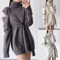 Fashion Hollow Out Long Sleeve Turtleneck Solid Color Lace-up Sweater Dress