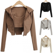 Sexy Sling Crop Top + Long Sleeve Irregular Hem Hooded Sweatshirt Coat Two-piece Set