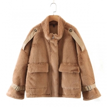 Retro Style Long Sleeve Stand Collar Front-pocket Plush Coat