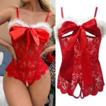 Sexig fuskpäls Spets Splits Sling Rosett Bodysuit Underkläder