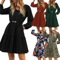 Fashion Long Sleeve V-neck Ruffle Hem High Waist Dress