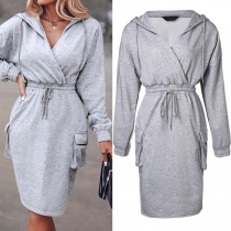 Sexy V-neck Long Sleeve Elastic High Waist Front-pocket Hooded Sweatshirt Dress