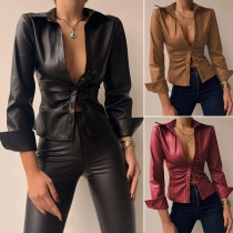 Ändring av mode enfärgad långärmad tröja med POLO-krage och Slim Fit PU-läderskjorta