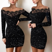 Sexy Lace Spliced Boat Neck Long Sleeve Slim Fit Glitter Dress