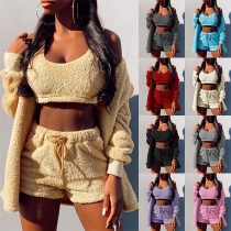Sexy Sleeveless Round Neck Plush Crop Top + Shorts + Long Sleeve Cardigan Three-piece Set