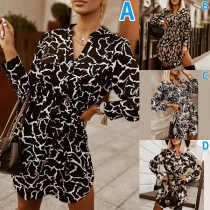 Fashion Long Sleeve V-neck Printed Shirt Dress with Waist Strap