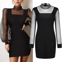 Sexy Gauze Spliced Long Sleeve Round Neck Slim Fit Bodycon Dress