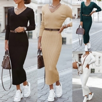 Elegant Enkelhet Långärmad V-ringad Enfärgad Slim Fit Stickad Klänning