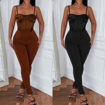 Sexy Backless High Waist Solid Color Slim Fit Sling Jumpsuit