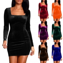 Sexy Square Collar Long Sleeve Solid Color Velvet Mini Bodycon Dress