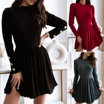 Elegant Solid Color Long Sleeve Round Neck Pleated Hem Dress