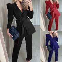 OL Style Lace-up Suit Coat + High Waist Pants Two-piece Set