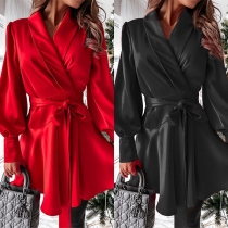OL Style Lantern Sleeve Notched Lapel Solid Color Shirt Dress with Waist Strap