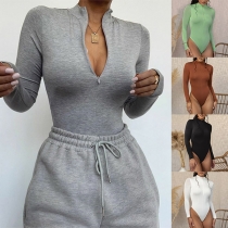 Fashion Solid Color Long Sleeve Round Neck Bodysuit