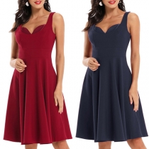 Retro Style Solid Color High Waist V-neck Sling Dress