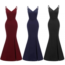 Sexy Backless V-neck Slit Hem High Waist Slim Fit Sling Party Dress