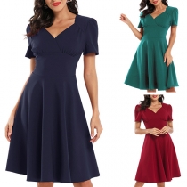 Retro Style Short Sleeve V-neck High Waist Solid Color A-line Dress