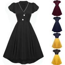 Retro stil puffärm V-ringad hög midja asymmetrisk klänning