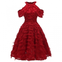 Sexy Off-shoulder Short Sleeve High Waist Solid Color Halter Tassel Dress