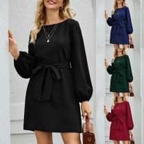 Fashion Lantern Sleeve Round Neck Solid Color Tie-belt Dress