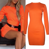 Fashion Solid Color Long Sleeve Round Neck Slim Fit Knit Dress