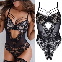 Sexig och Genomskinlig Spetssele Bodysuit i Ett Stycke, med Hål och Detaljer