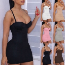 Sexy Backless V-neck Solid Color Slim Mini Tight Dress