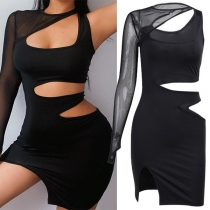 Sexy Hollow Out See-through Gauze Spliced Long Sleeve One-shoulder Irregular Dress