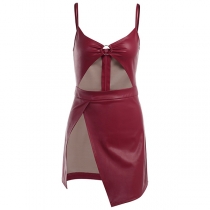 Sexy Backless Slit Hem Front Hollow Out Slim Fit Sling PU Leather Dress