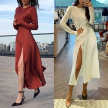 Sexy High Slit Hem Long Sleeve Round Neck Solid Color Dress