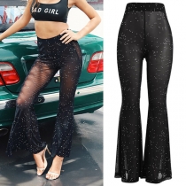 Sexy High Waist See-through Gauze Spliced Wide-leg Pants